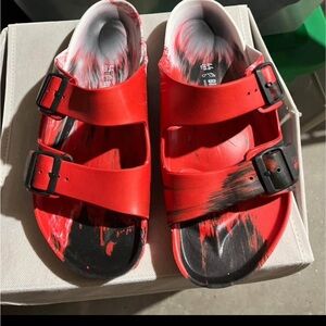 Birkenstock Red and Black Sandals with Adjustable Straps